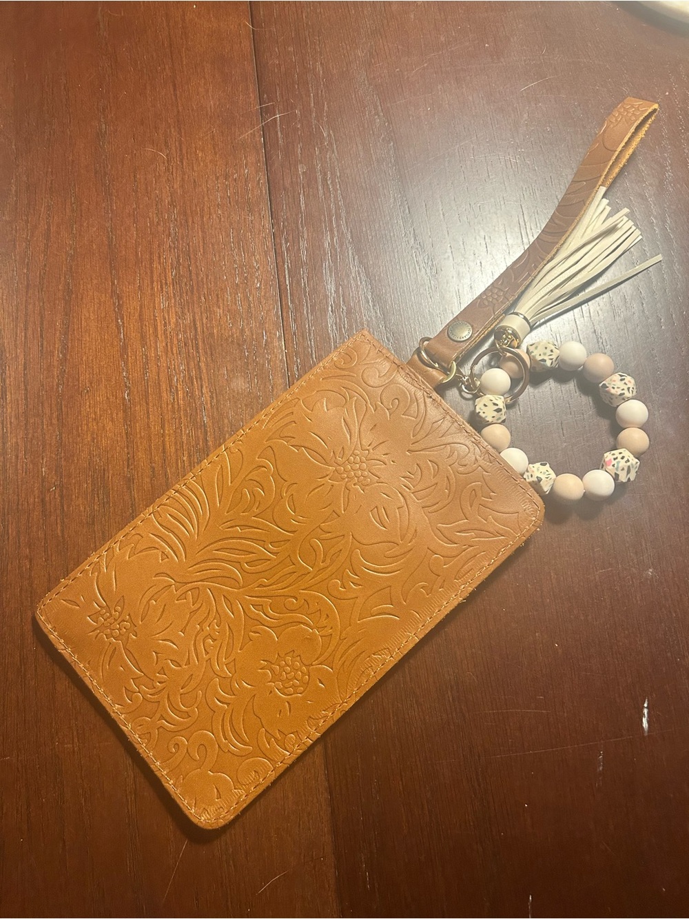 Tan Embossed Leather Wristlet with Beaded Strap